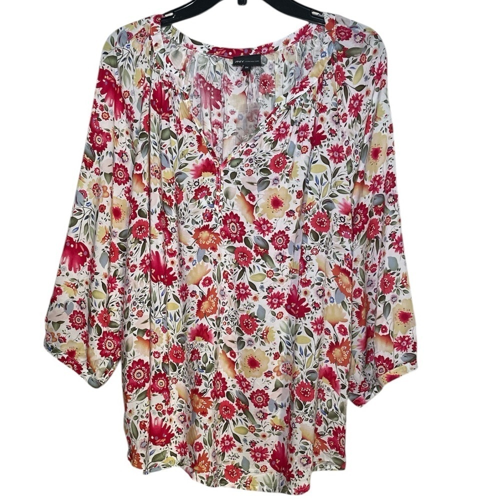 Jones New York white with pink, red, and yellow floral print sz 2X